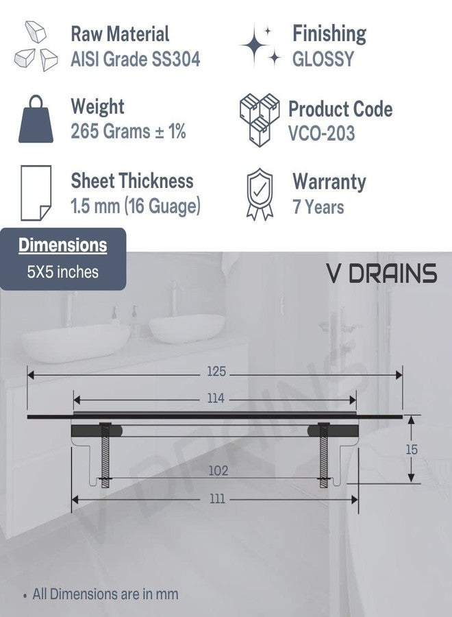 V Drains SS304 5x5 inch Clean Out Floor Drain with Gasket (125mm x 125mm) for Bathroom/Balcony/Roof/Terrace/Floor/Parking Anti Foul | Anti-Cockroach Finish: Glossy (Crome) (5x5 inches) - Image 3